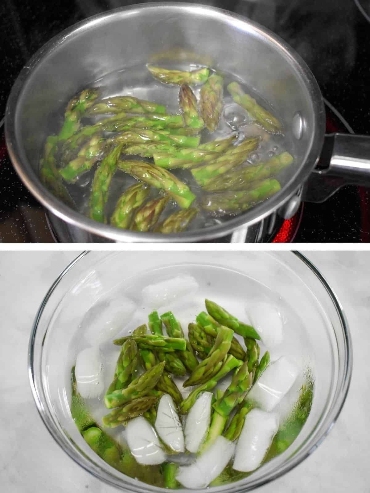 A collage showing two images, the top one is asparagus tips boiling in a small saucepan. The bottom one is the asparagus tips in a bowl of ice water.