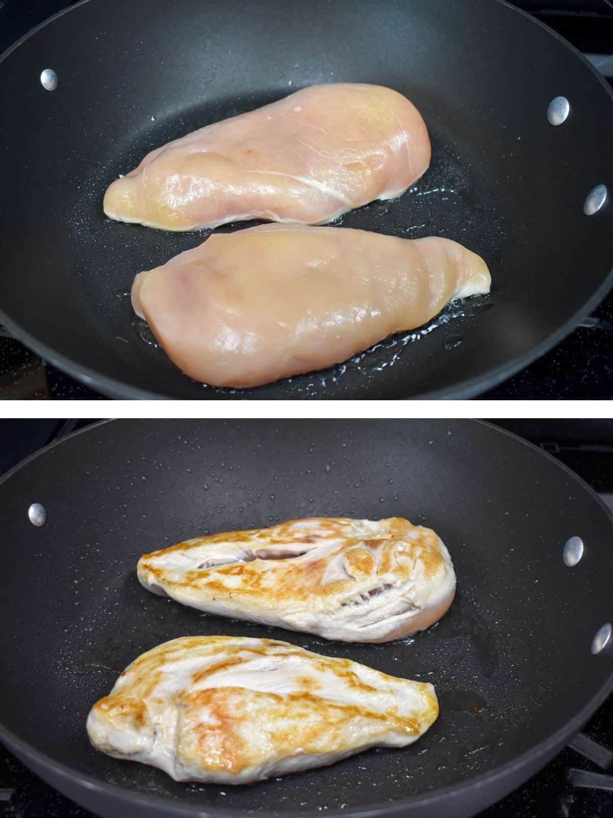 Two images of two chicken breasts in a large, black skillet. The top image is the chicken just put into the pan where the top is raw. The second image is the chicken after it is flipped so the browned side is up.