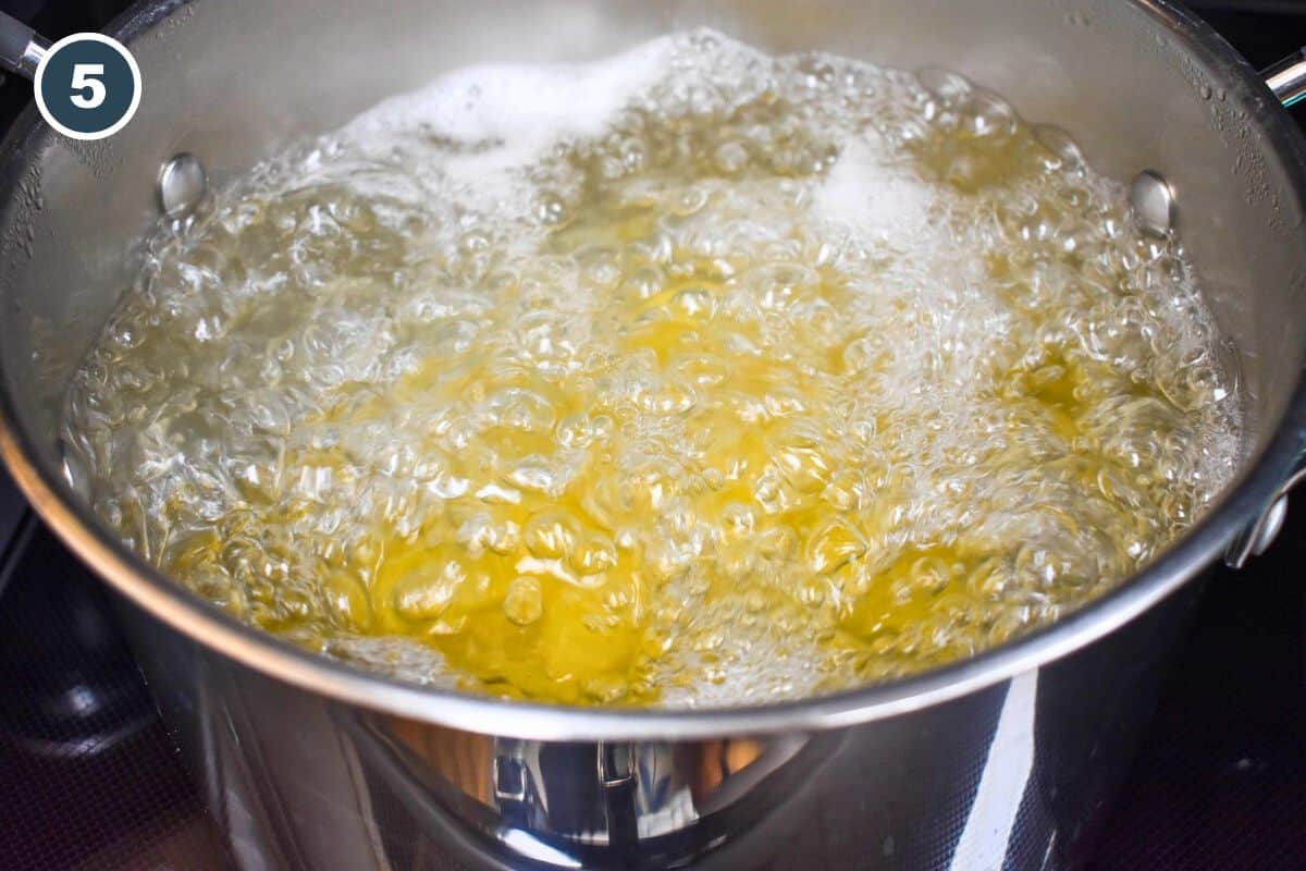 Pasta cooking in a large pot.