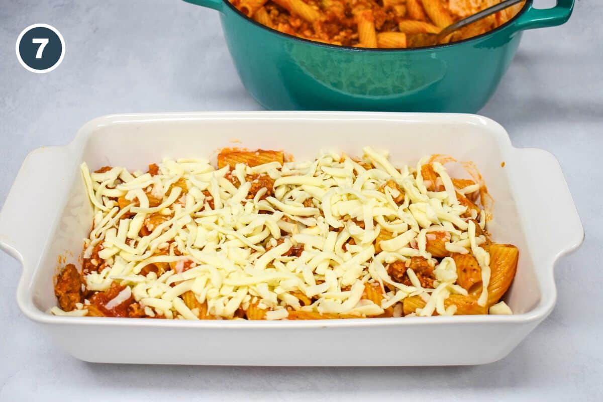 Building the pasta casserole first layer.