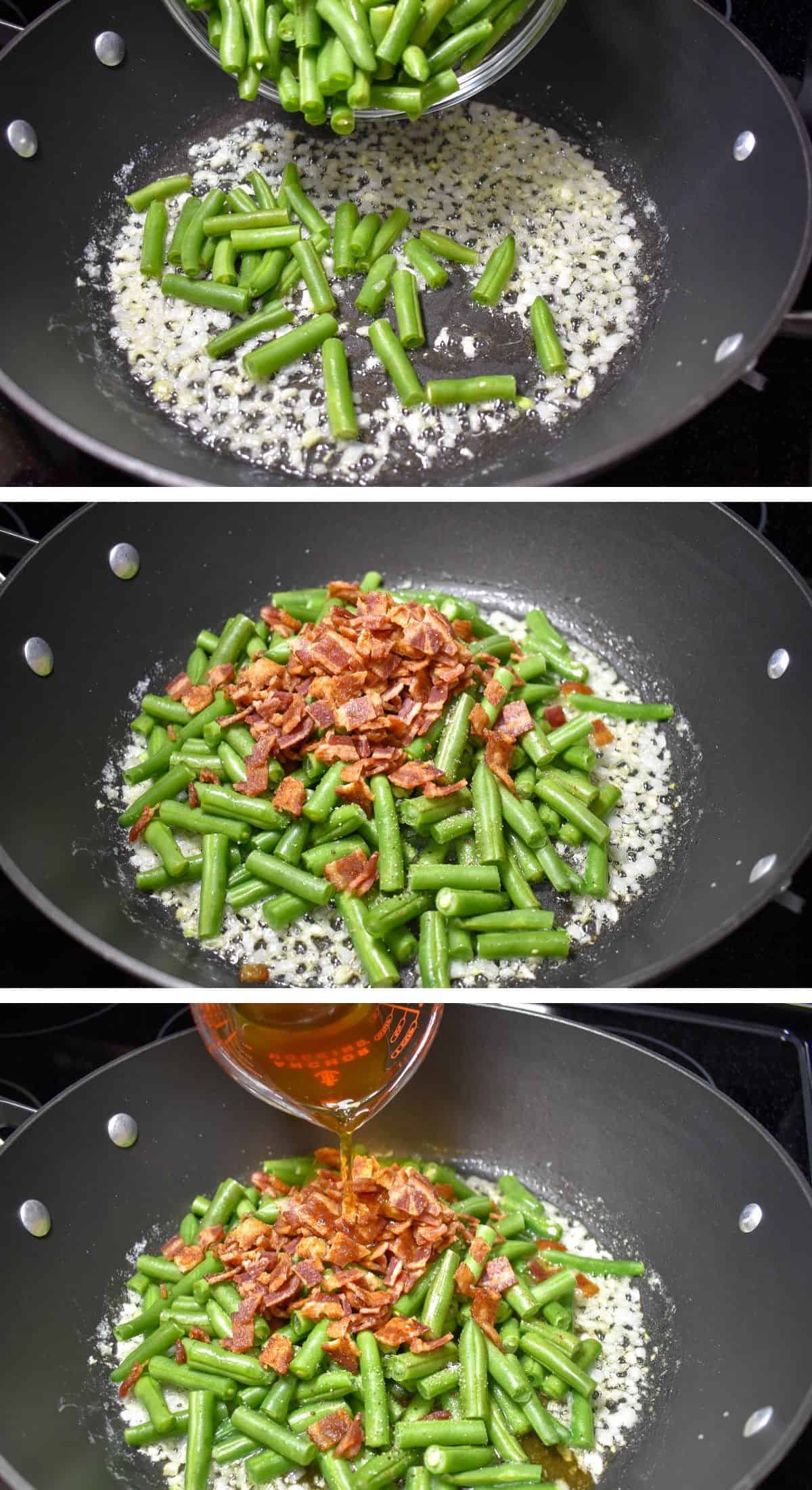 A collage of three images showing the steps to cooking the green beans.