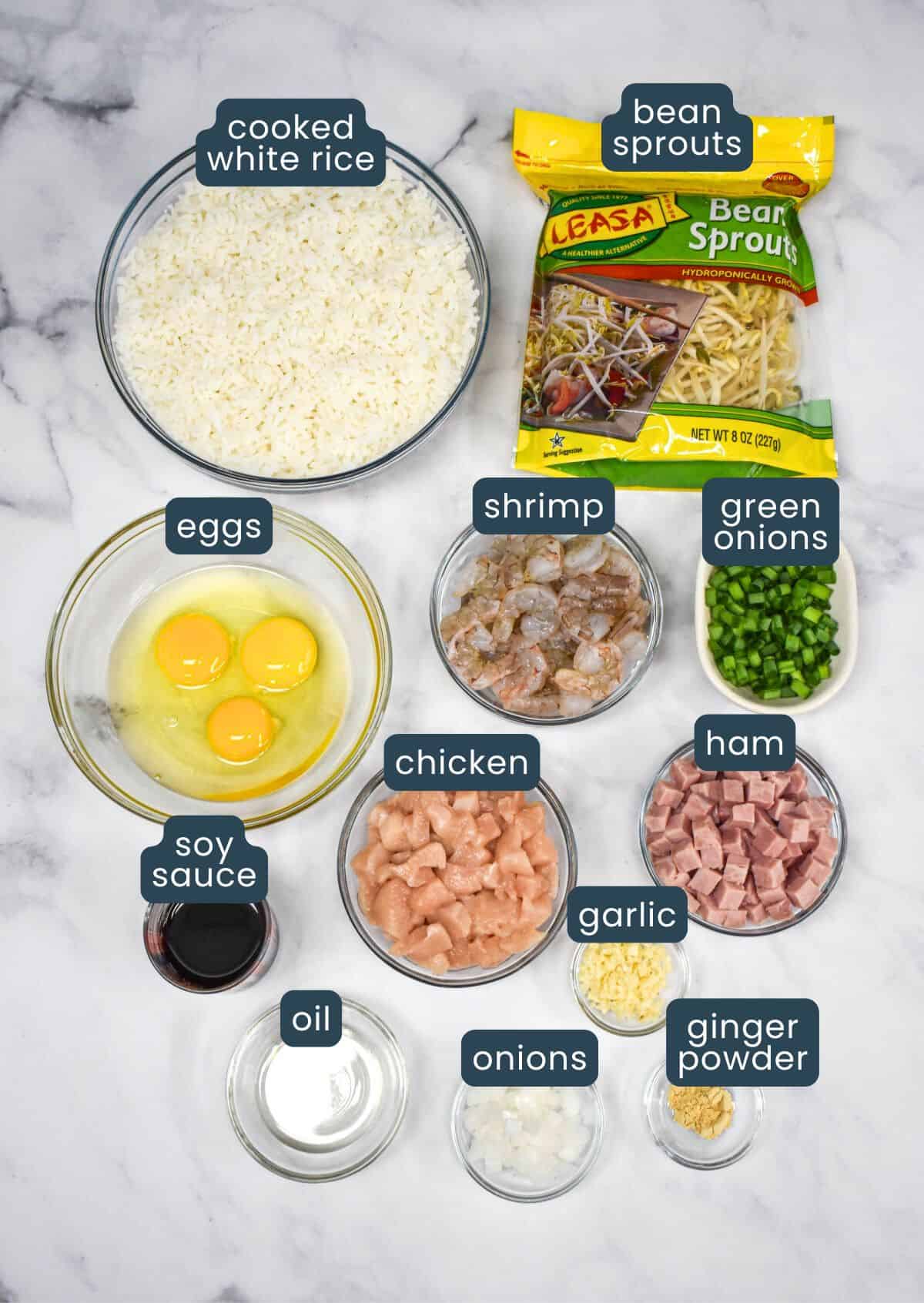 The prepped ingredients for the fried rice arranged in separate bowls on a white table. The bean sprouts are in their package.