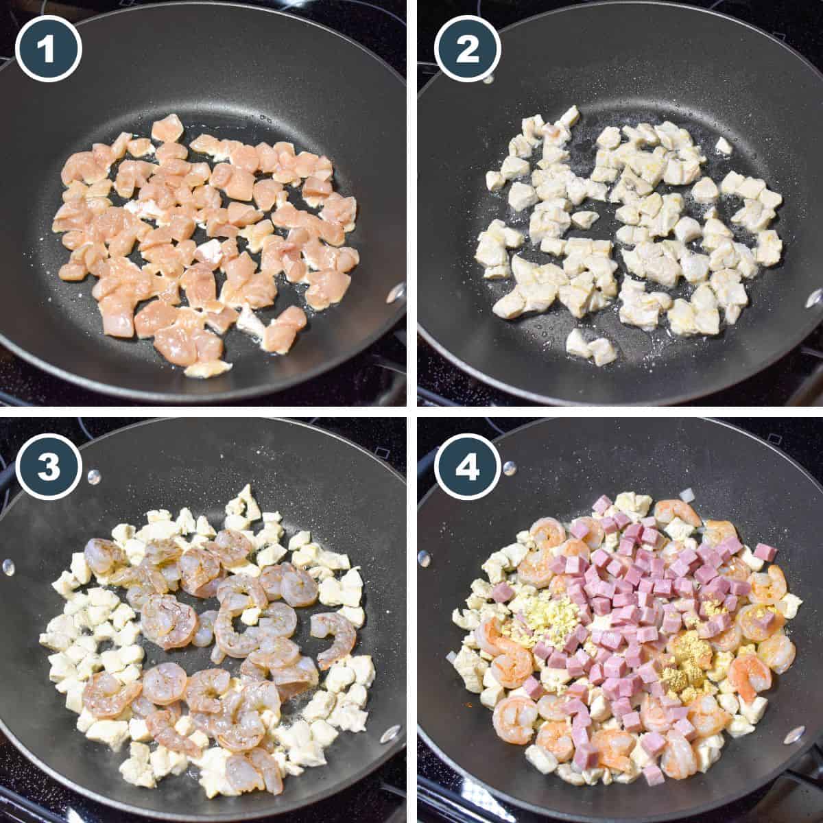 A collage showing the first four steps of making the fried rice.