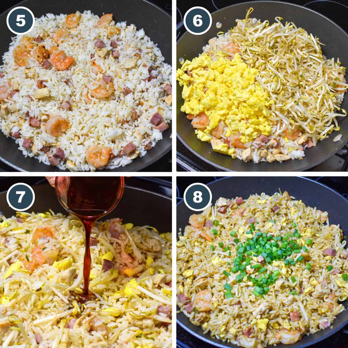 A collage showing steps five through eight of making the fried rice.