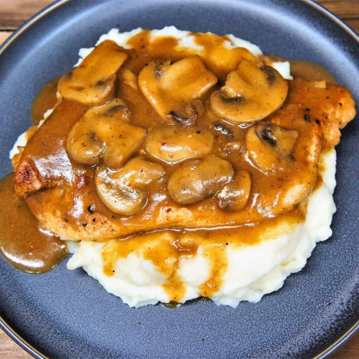 The chicken and mushrooms served on a bed of mashed potatoes on a gray plate.