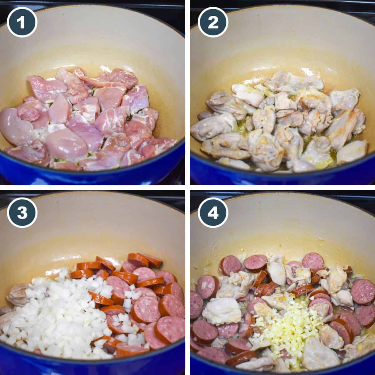 A collage of four pictures showing steps one through four of making the chicken and rice with sausage dish.