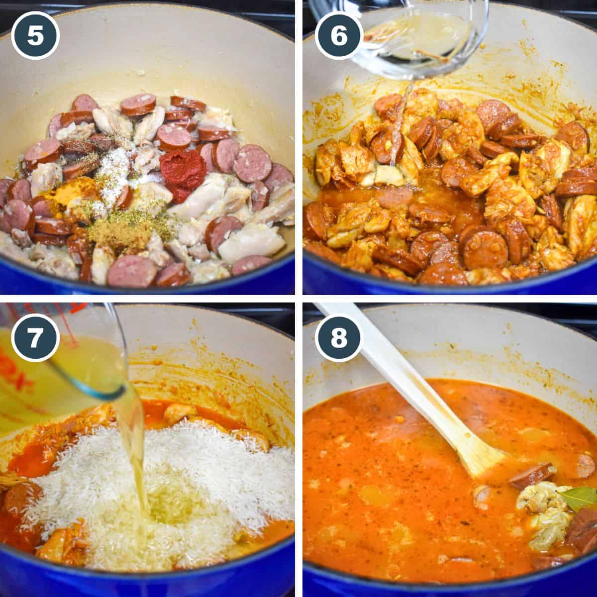 A collage of four pictures showing steps five through eight of making dish.