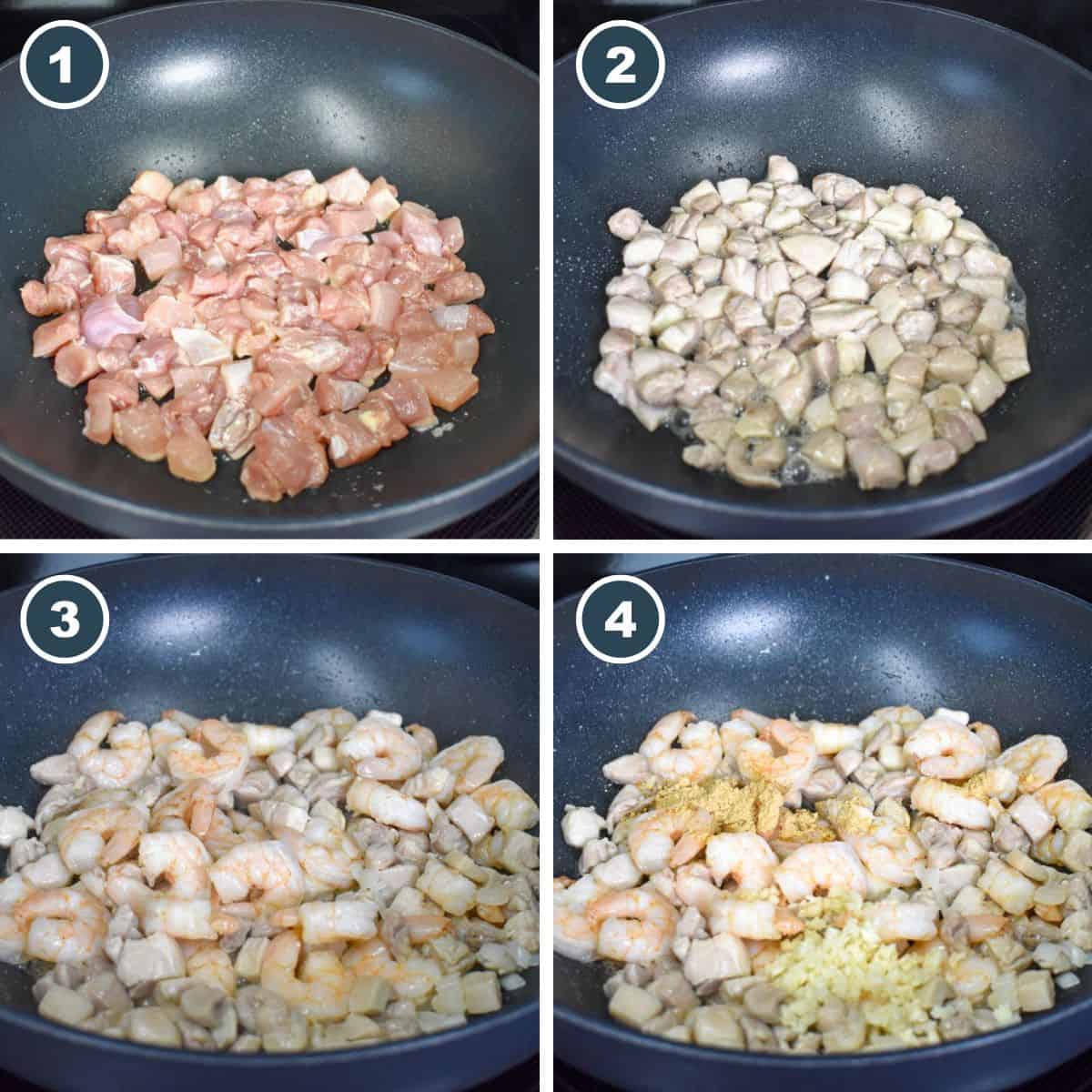 A collage of four images showing steps 1 to 4 of making the fried rice.