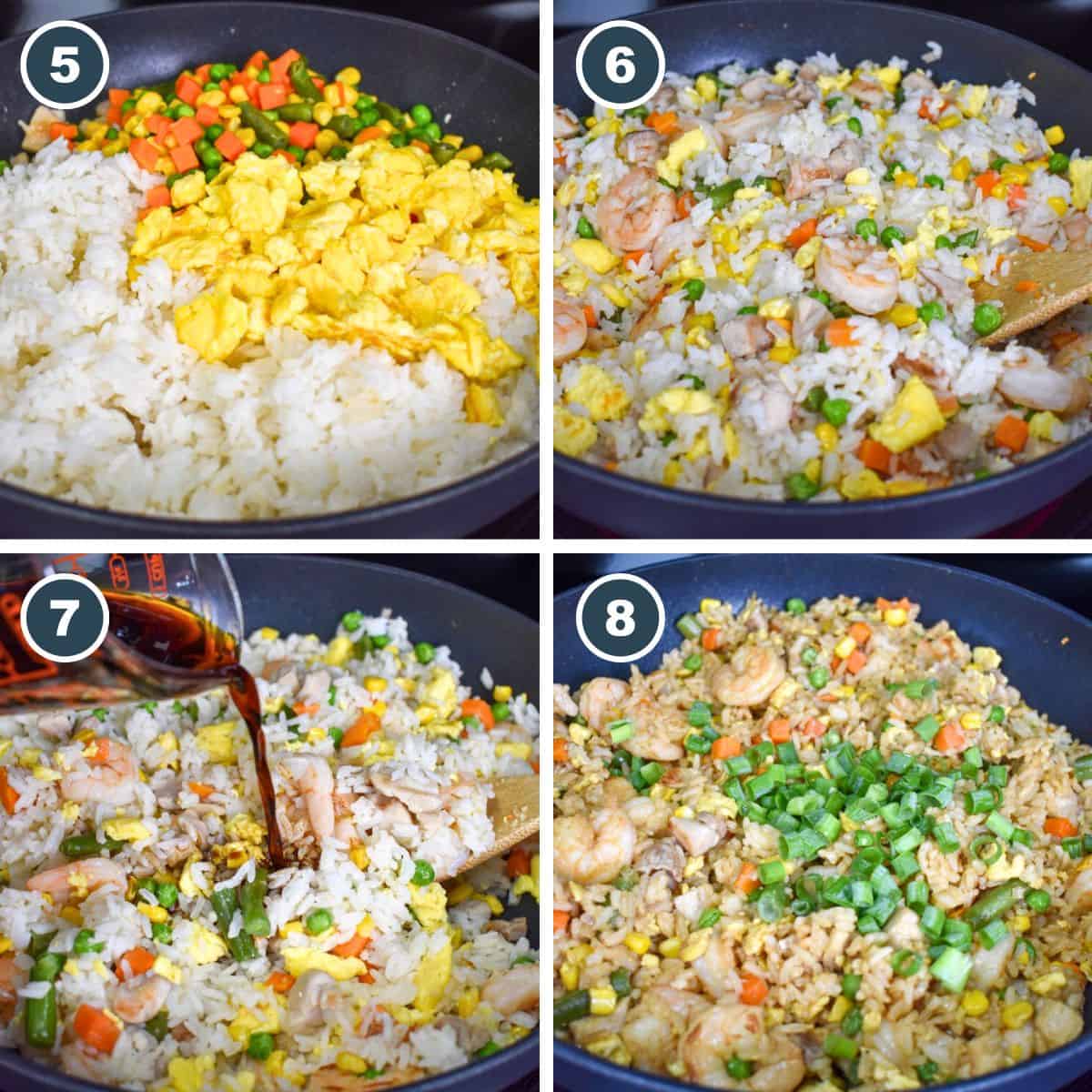 A collage of four images showing steps 5 to 8 of making the fried rice.