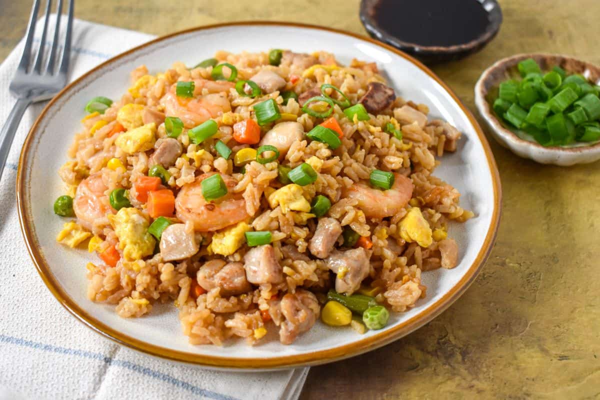 The finished fried rice served on a white plate with tan rim with extra green onions and soy sauce on the side.