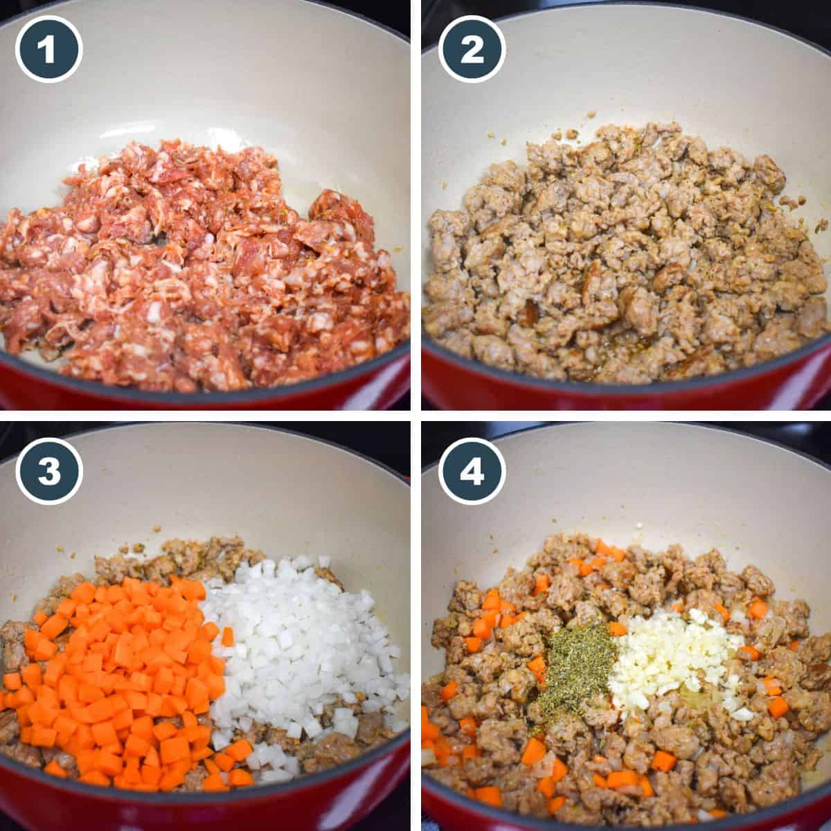 A collage of four pictures showing steps one through four of making the soup.