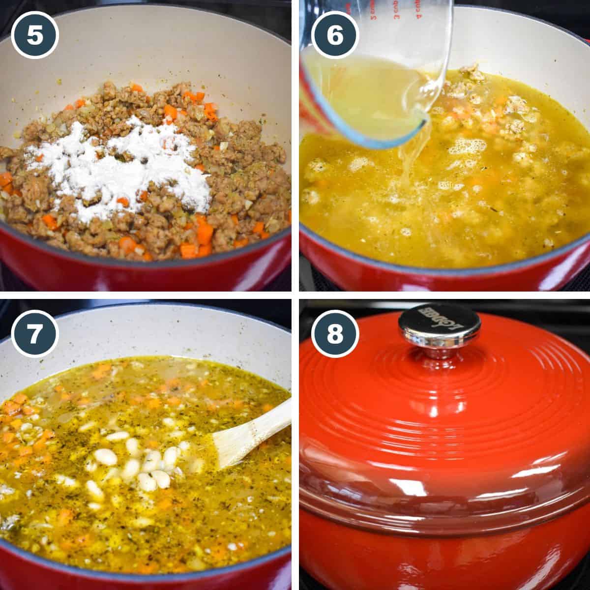 A collage of four pictures showing steps five through eight of making the soup.