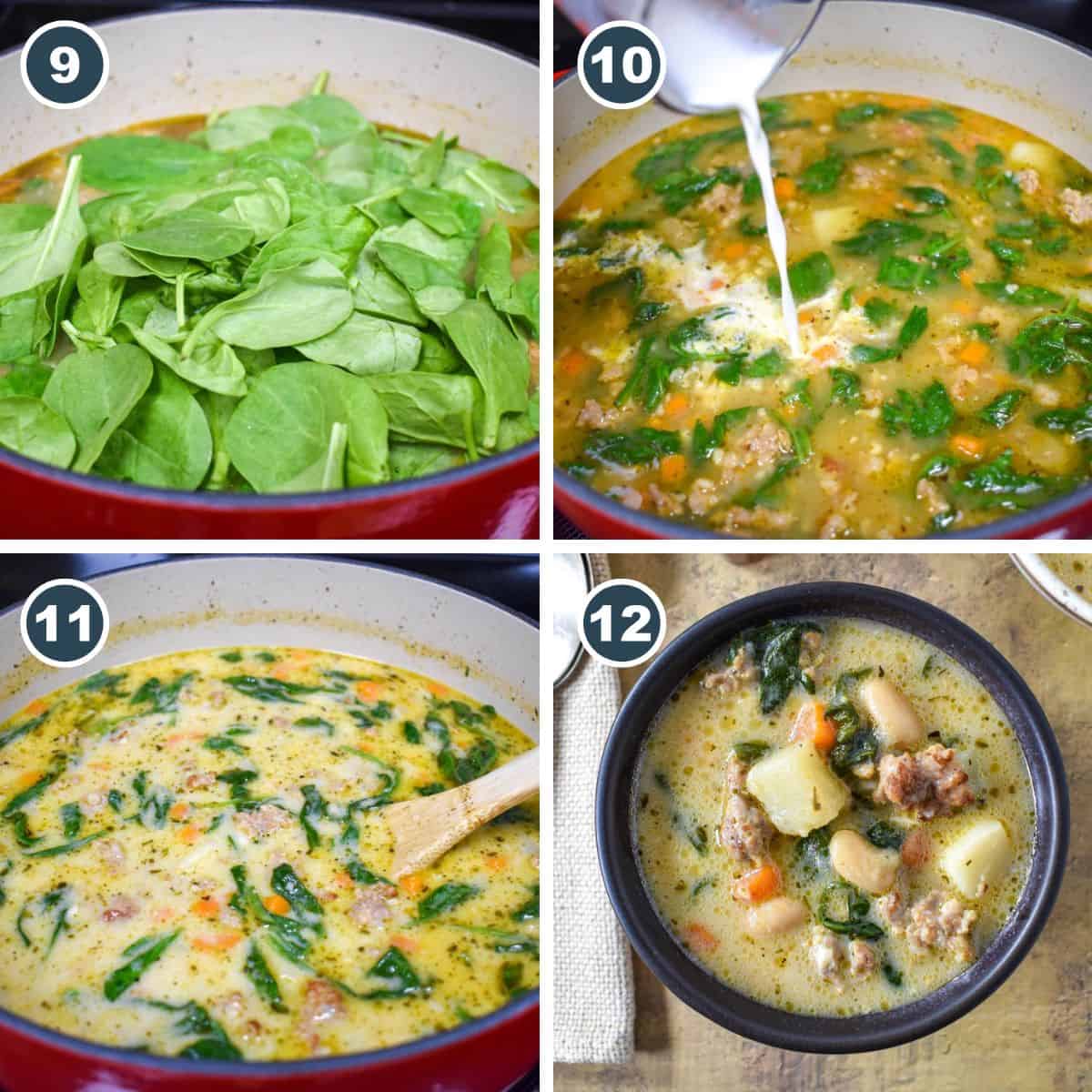 A collage of four pictures showing steps nine through twelve of making the soup.
