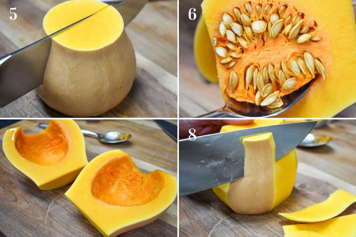 A collage outlining steps four to eight to peel butternut squash.