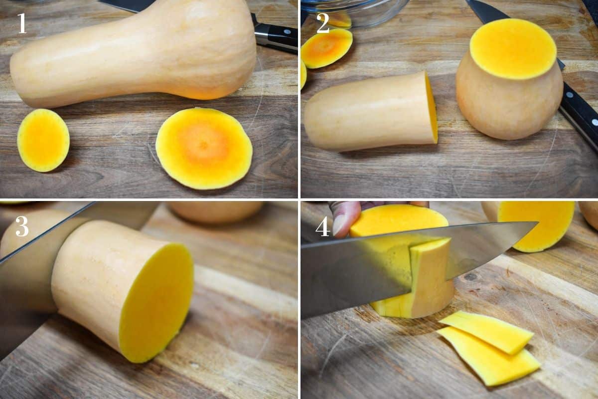 A collage outlining the first four steps to peel butternut squash.
