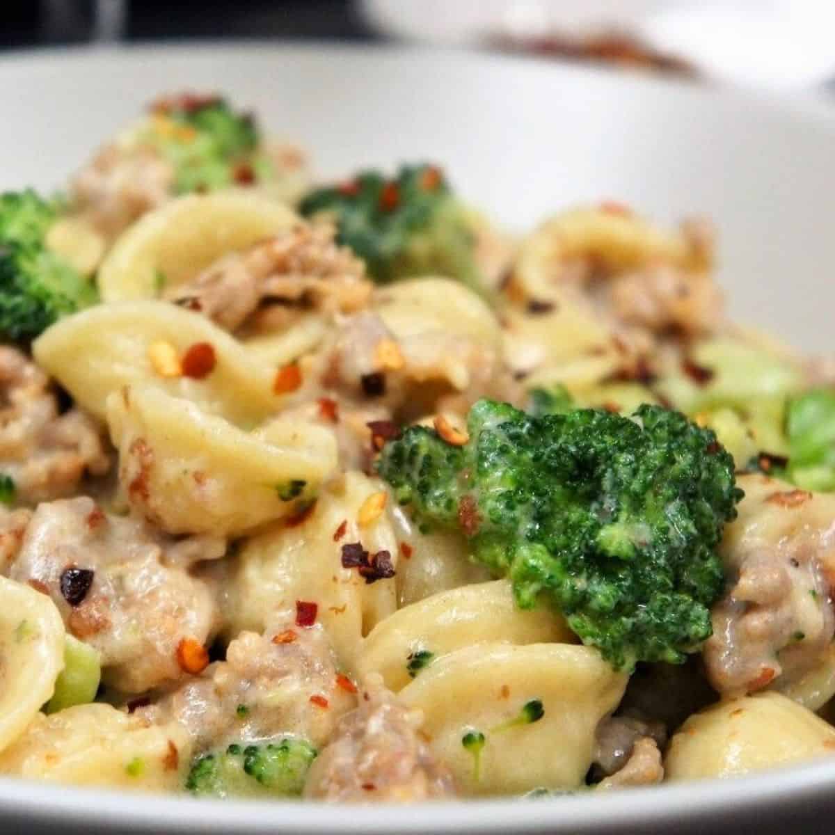 Orecchiette with Italian Sausage and Broccoli served in a white bowl and garnished with crushed red pepper flakes.