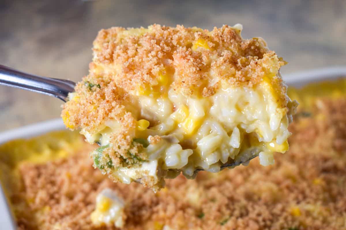 Spoonful of cheesy chicken and rice casserole with a crispy breadcrumb topping.