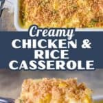 Creamy chicken and rice casserole with a golden breadcrumb topping, featuring text overlay that says 'Easy Dinner Recipe!