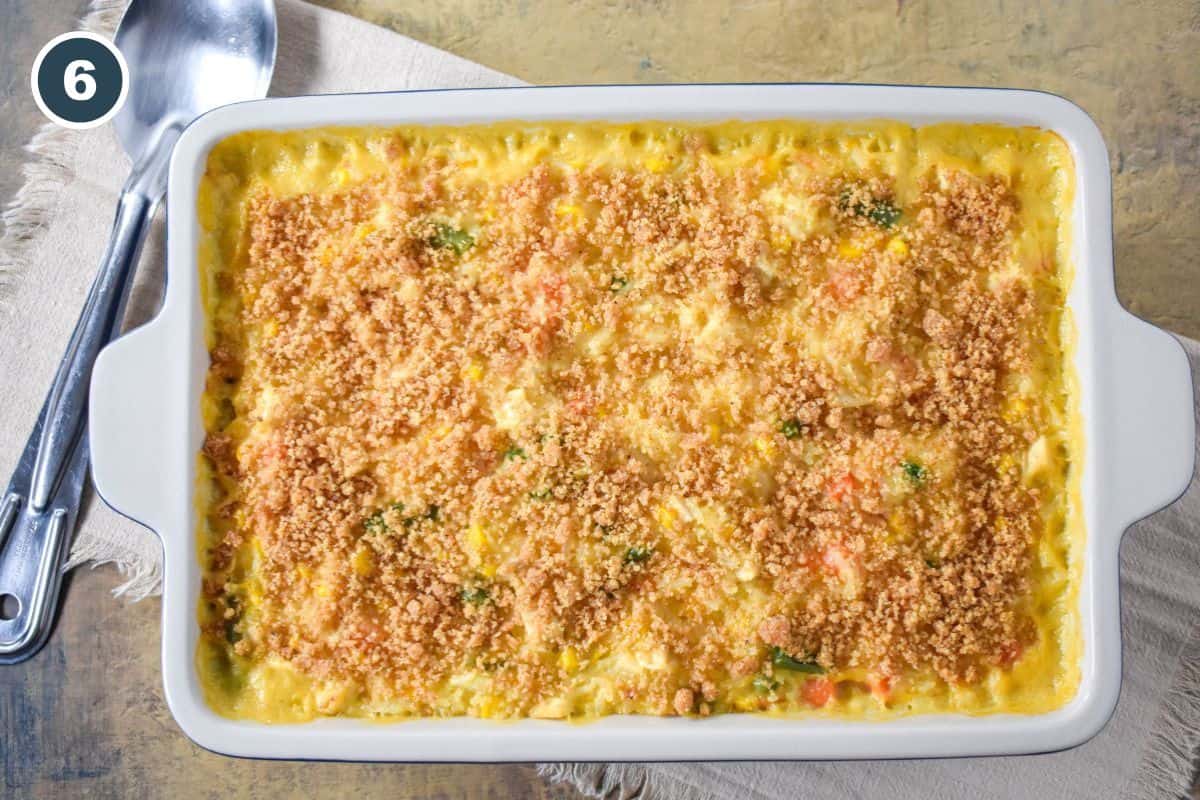 Fully baked chicken and rice casserole with a golden, crispy breadcrumb topping.