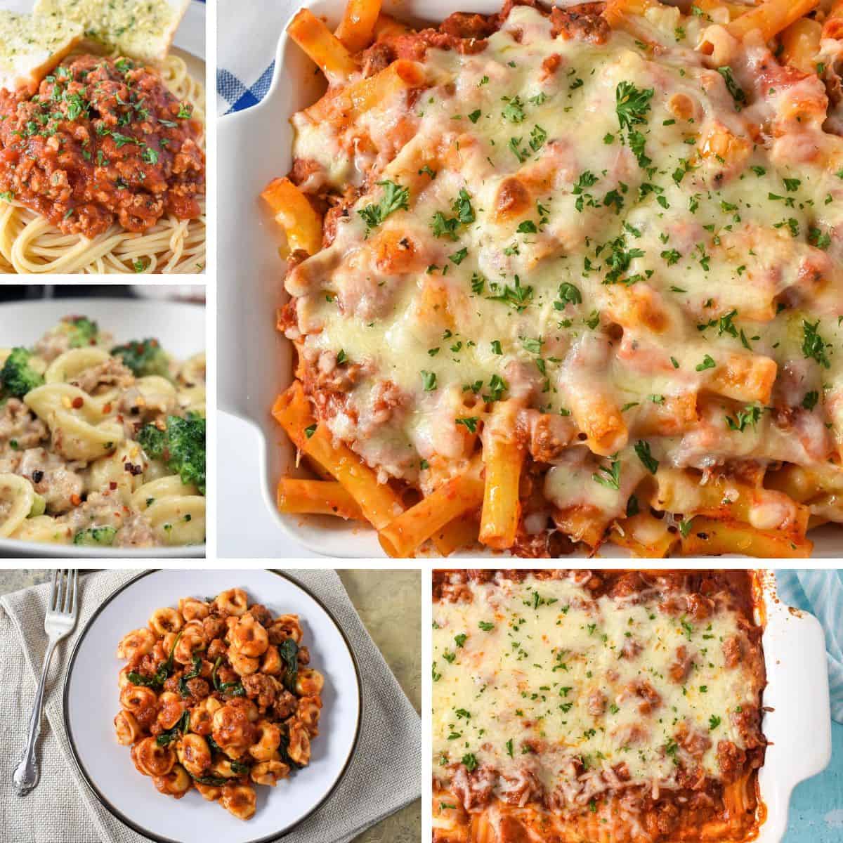 A collage of five pictures featured in the sausage and pasta recipes collection.