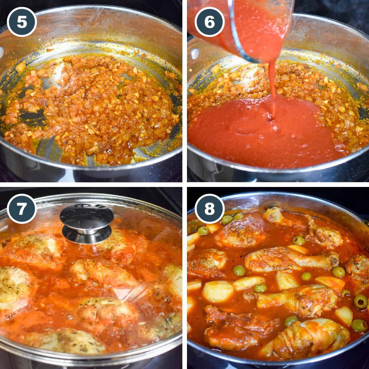 A collage of four pictures showing steps four through eight of making the recipe.