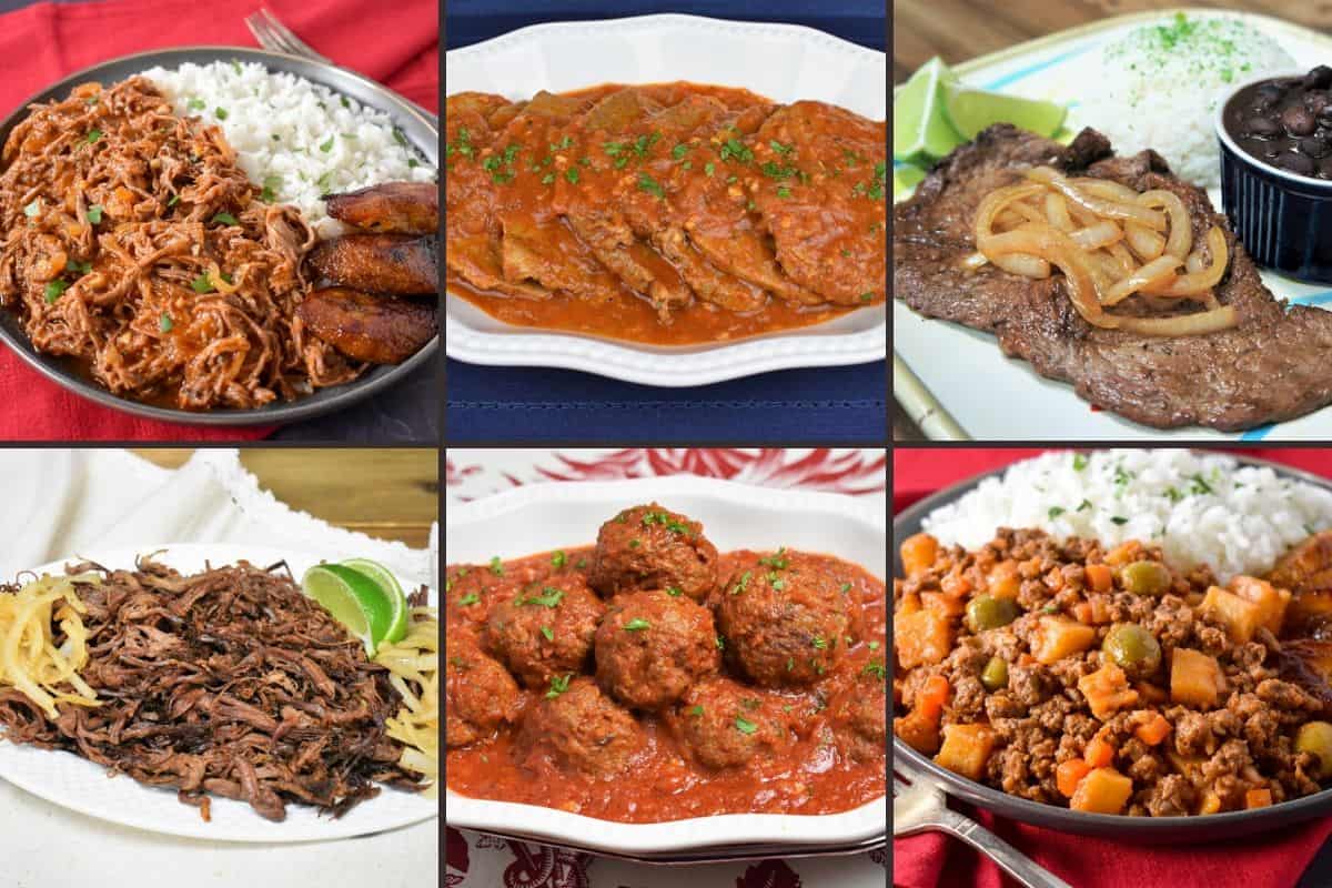 A collage of Cuban beef recipes: ropa vieja, bistec en cazuela, palomilla, vaca frita, meatballs and picadillo.