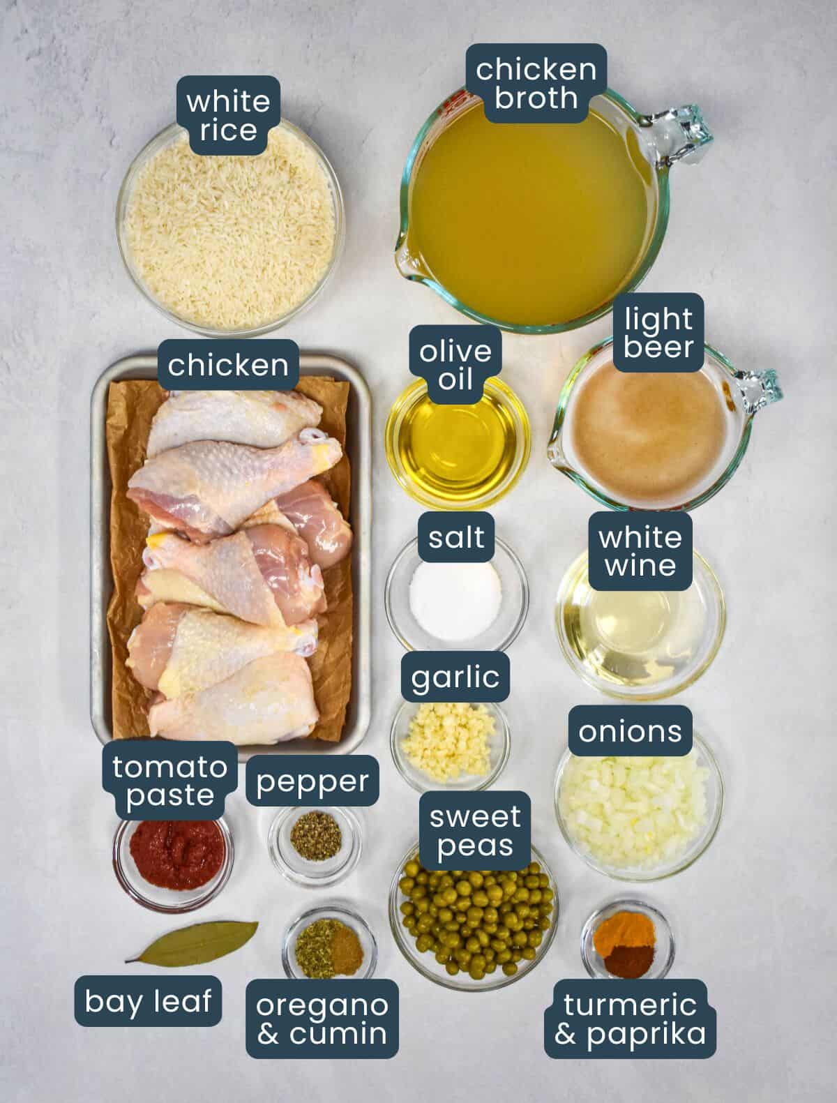 Labeled ingredients for the dish, including chicken, rice, broth, spices, and seasonings, arranged on a white surface.