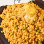 A Pinterest image featuring a plate of the finished dish with a text overlay that says "Arroz con Pollo".