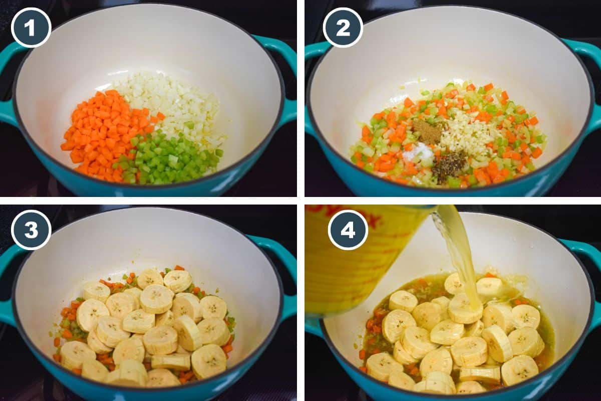 A four-step collage showing how to make plantain soup. Step 1: Diced onion, carrot, and celery in a pot. Step 2: Garlic, cumin, salt, and pepper added to sautéed vegetables. Step 3: Sliced green plantains added to the pot. Step 4: Chicken broth being poured over the ingredients.