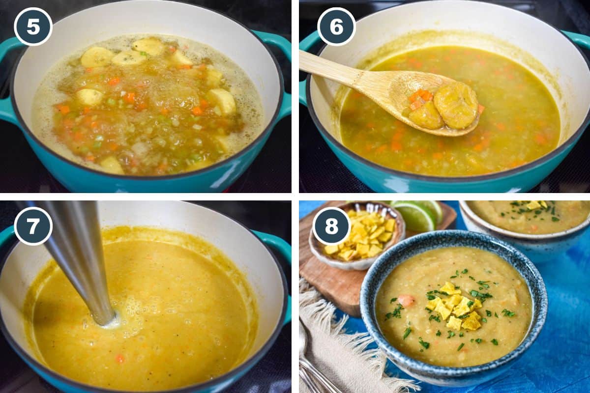 A four-step collage showing the final steps of making plantain soup. Step 5: The soup simmering with plantains and vegetables. Step 6: A wooden spoon lifting a softened plantain piece to check for tenderness. Step 7: An immersion blender blending the soup into a smooth consistency. Step 8: The finished soup served in a bowl, garnished with crushed plantain chips and fresh herbs.