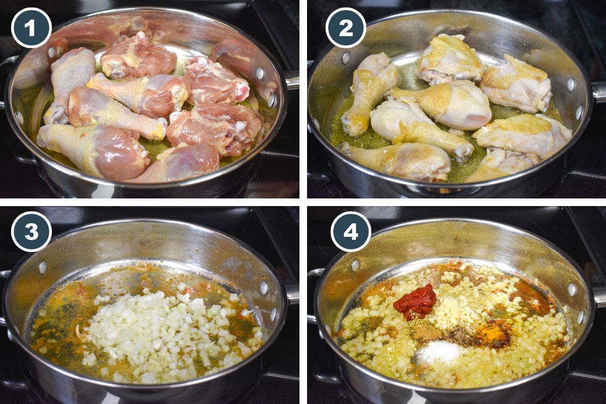 A step-by-step collage showing the first four stages of cooking, from browning chicken to adding spices.