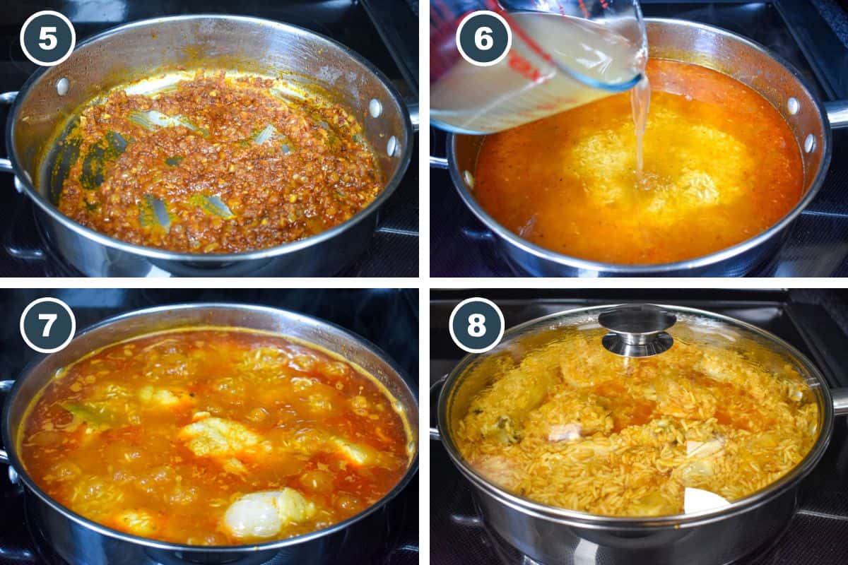 A collage of steps 5 to 8, including simmering the rice and cooking the chicken.