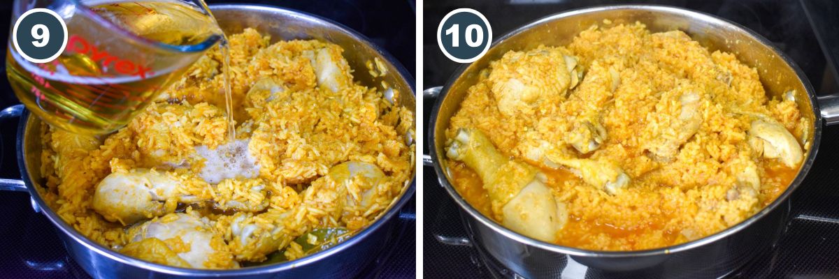 The final steps, showing the addition of beer and the fully cooked dish in the pan.