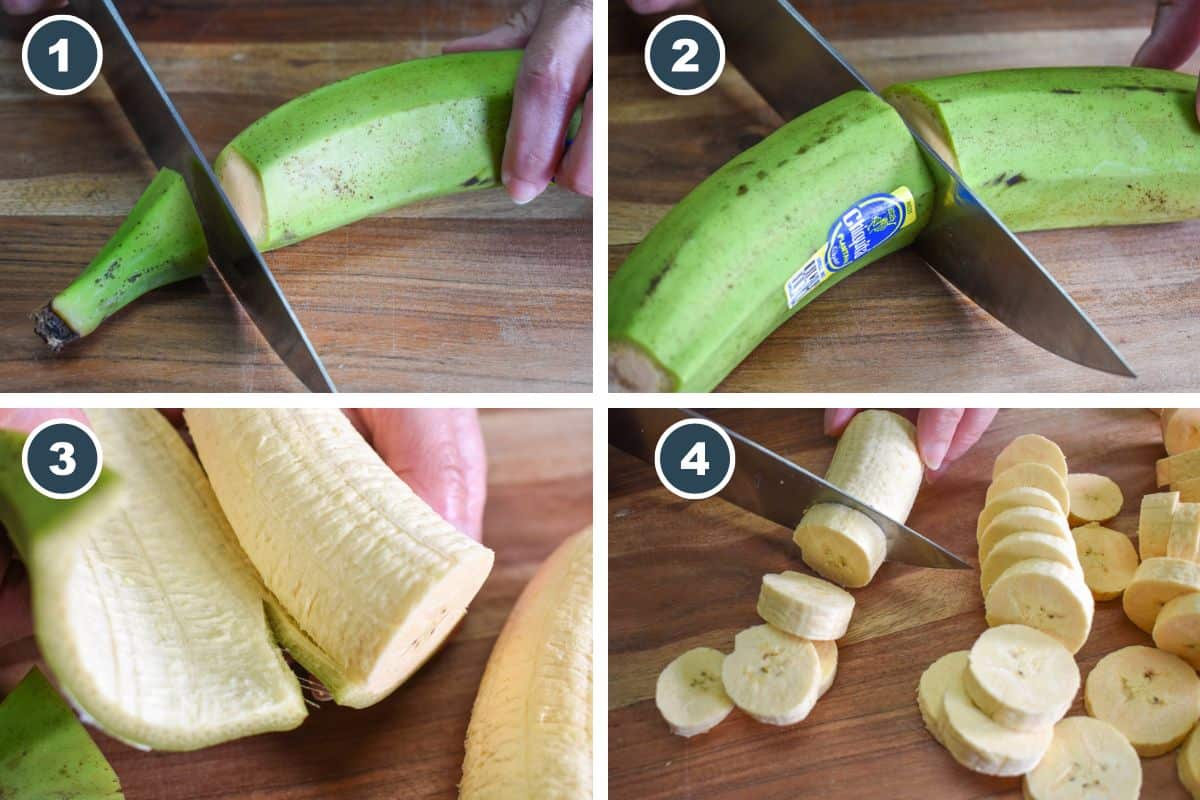 A four-step collage showing how to peel and slice green plantains. Step 1: Cutting off the ends of the plantain. Step 2: Slicing the plantain in half for easier handling. Step 3: Peeling the plantain by removing the tough outer skin. Step 4: Slicing the peeled plantain into even rounds.