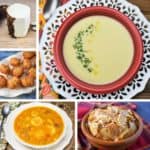 A five picture collage of different malanga recipes featured in the article and a half peeled malanga.