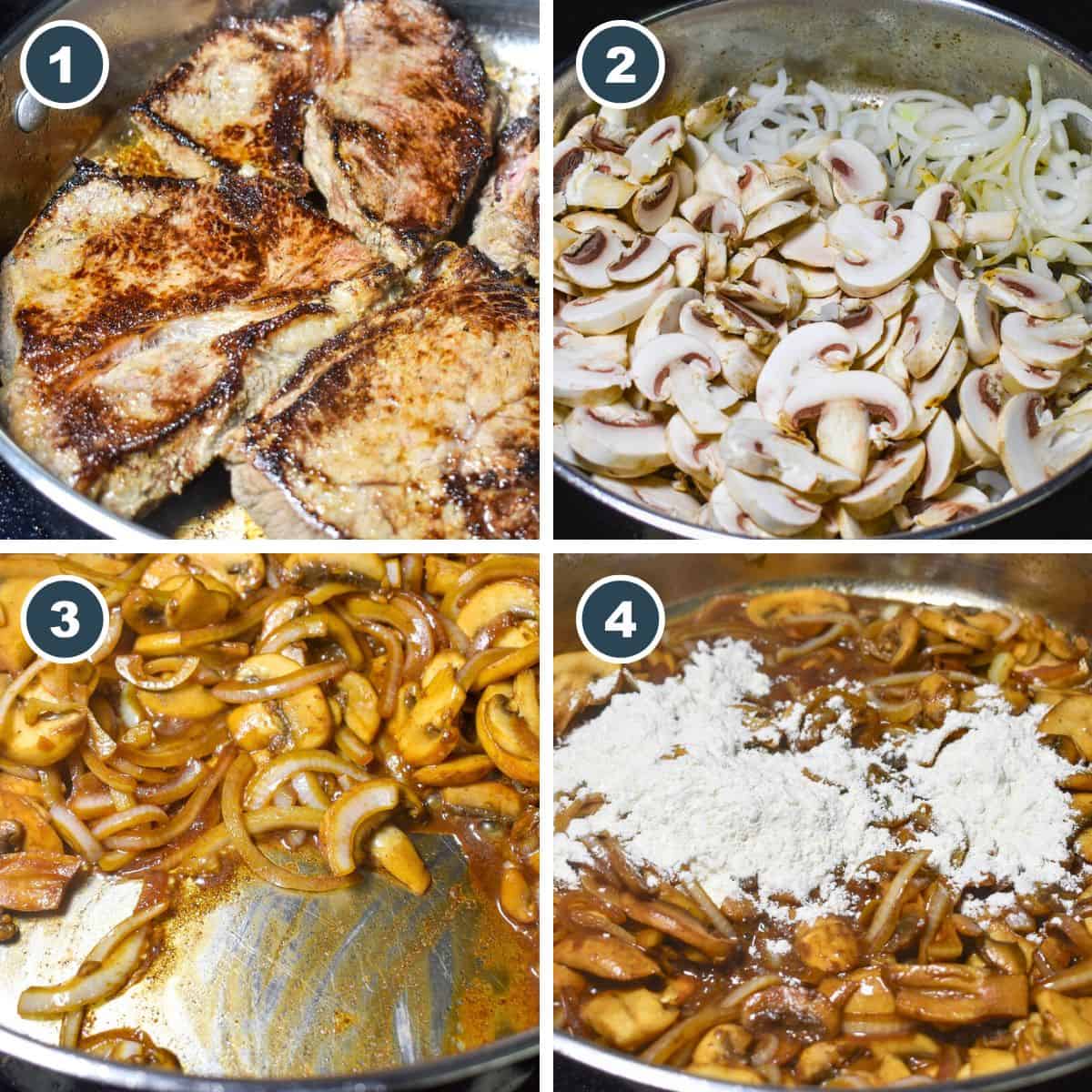 A collage of four pictures showing steps one through four of making the dish.