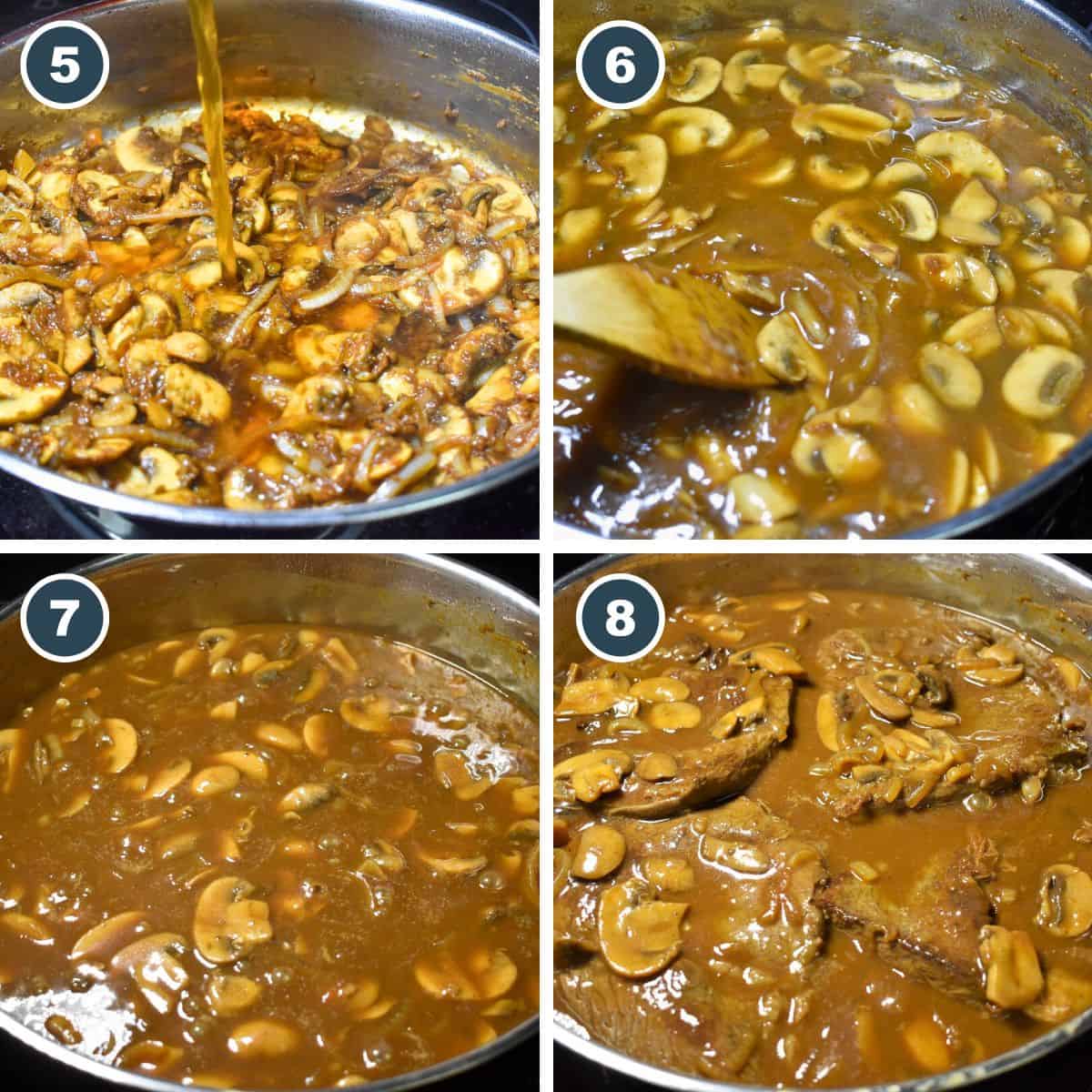 A collage of four pictures showing steps five through eight of making the dish.