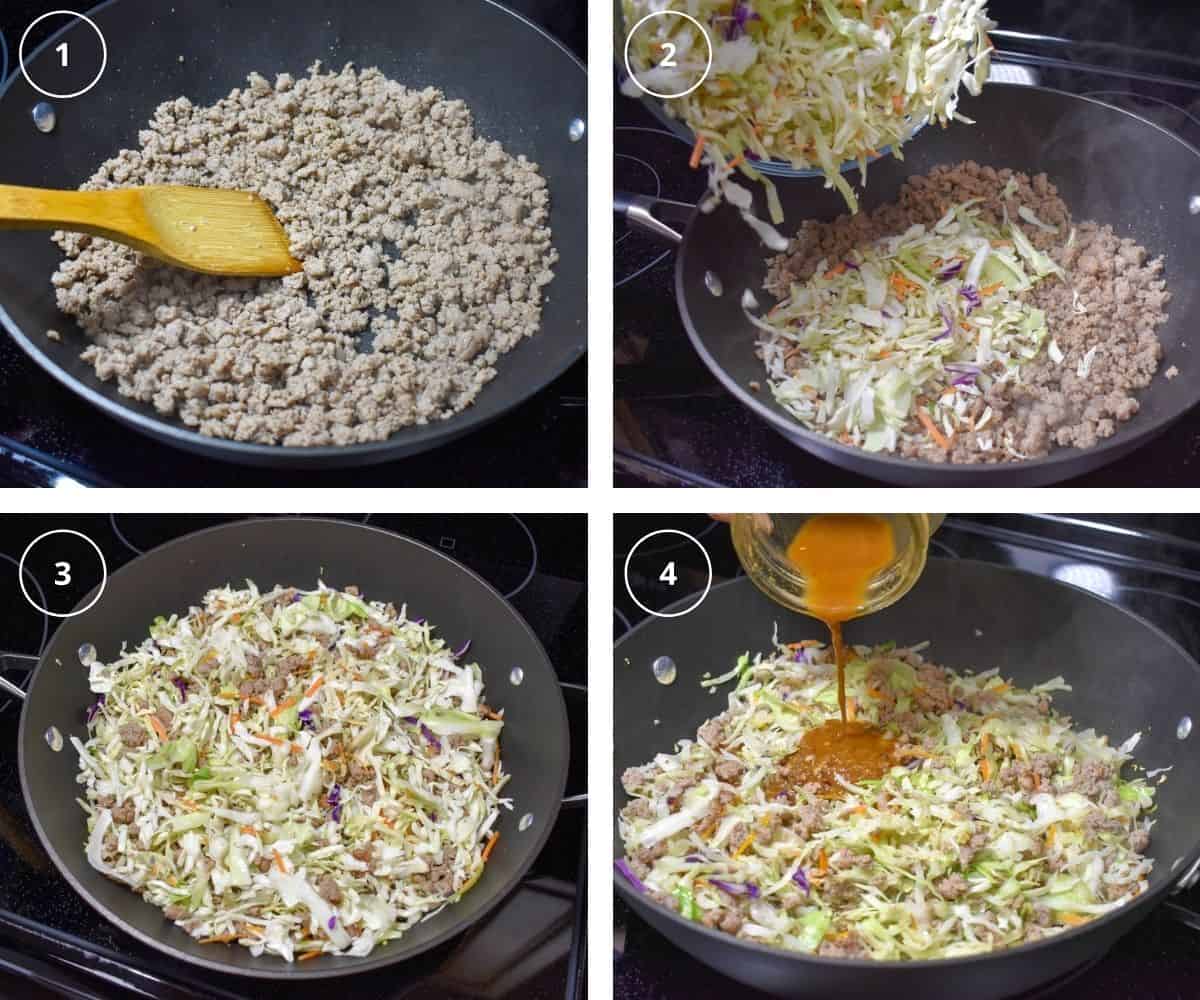 A collage of four images showing the steps of making the dish.