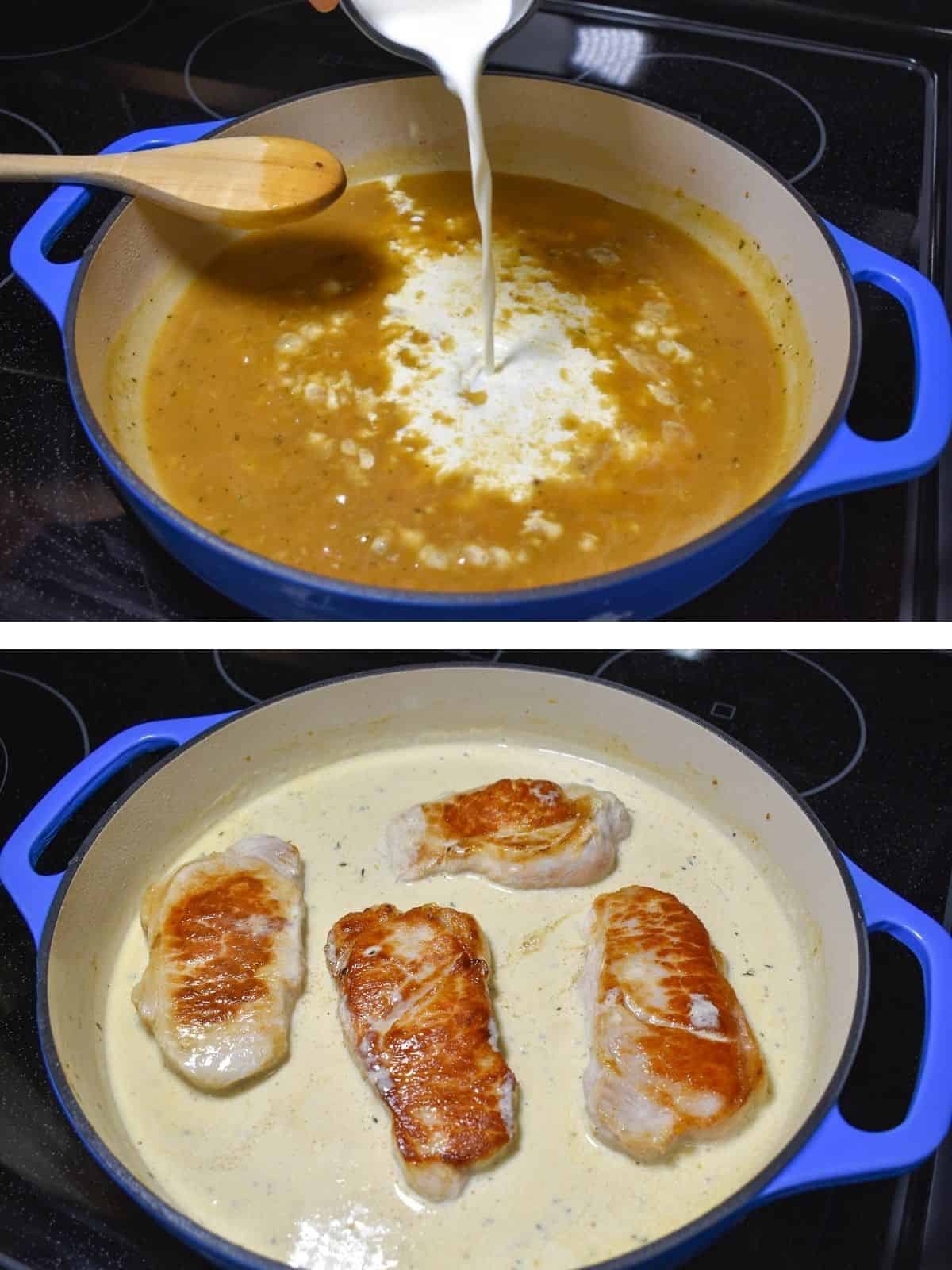 Two images, the top one is adding the half and half to the sauced. The bottom image is the cream sauce with the pork chops added back in.