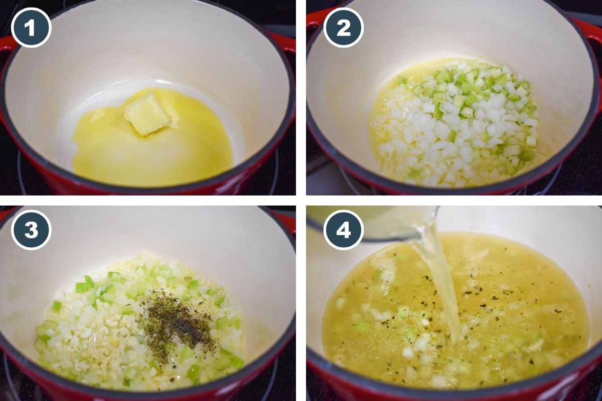 Step-by-step process of making cream of spinach soup: 1) Heating olive oil and butter in a pot. 2) Sautéing diced onions and celery. 3) Adding minced garlic, dried oregano, and black pepper. 4) Pouring in chicken broth to start the soup base.