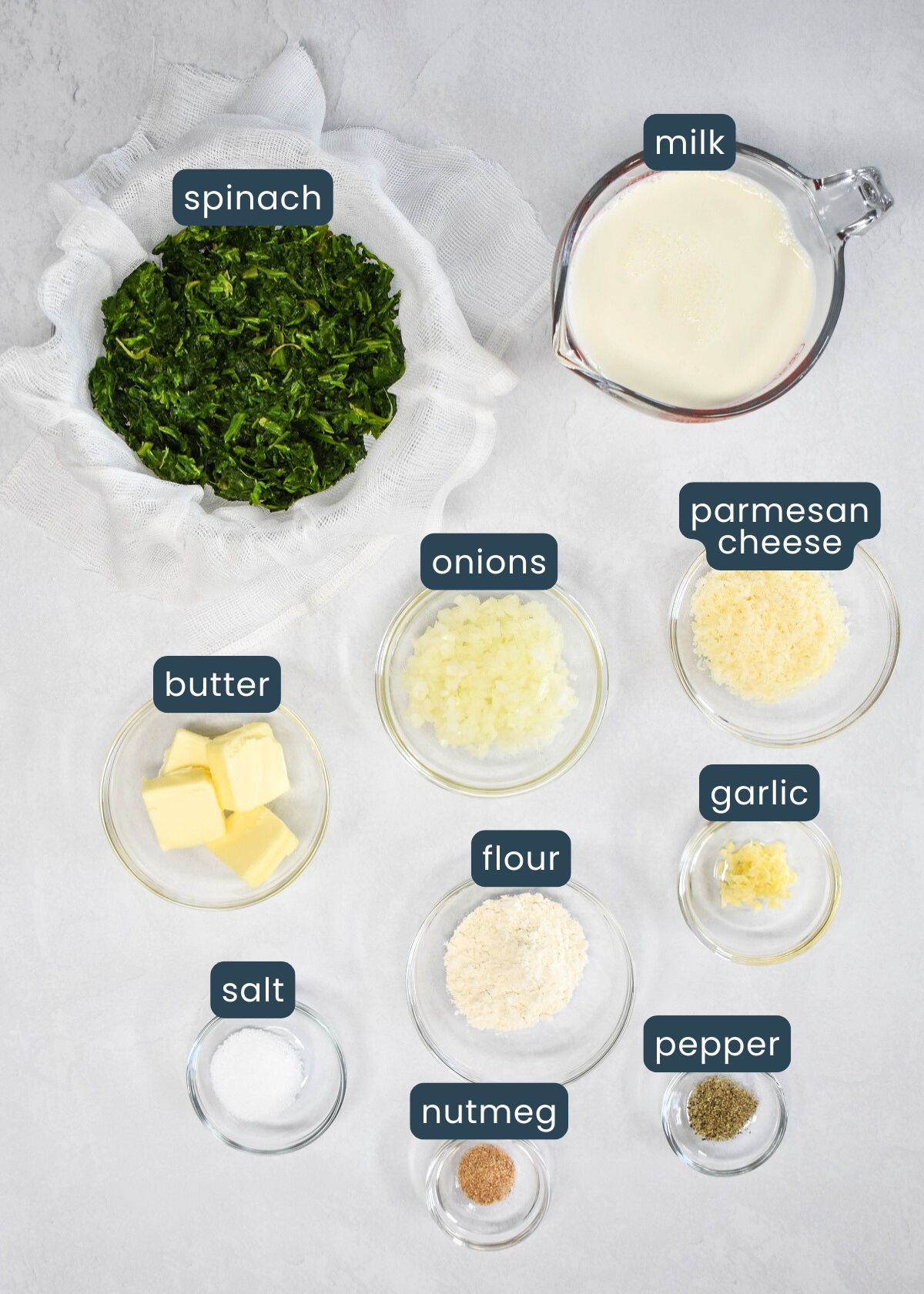 Ingredients for the dish, including butter, spinach, onions, garlic, and spices, set on a white table and labeled for easy reference.