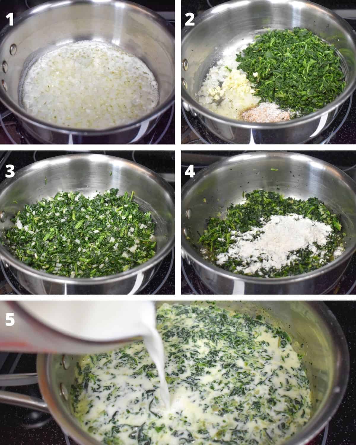 A collage of five pictures illustrating the steps to making creamed spinach, starting with cooking the onions and ending with adding the milk in the pan.