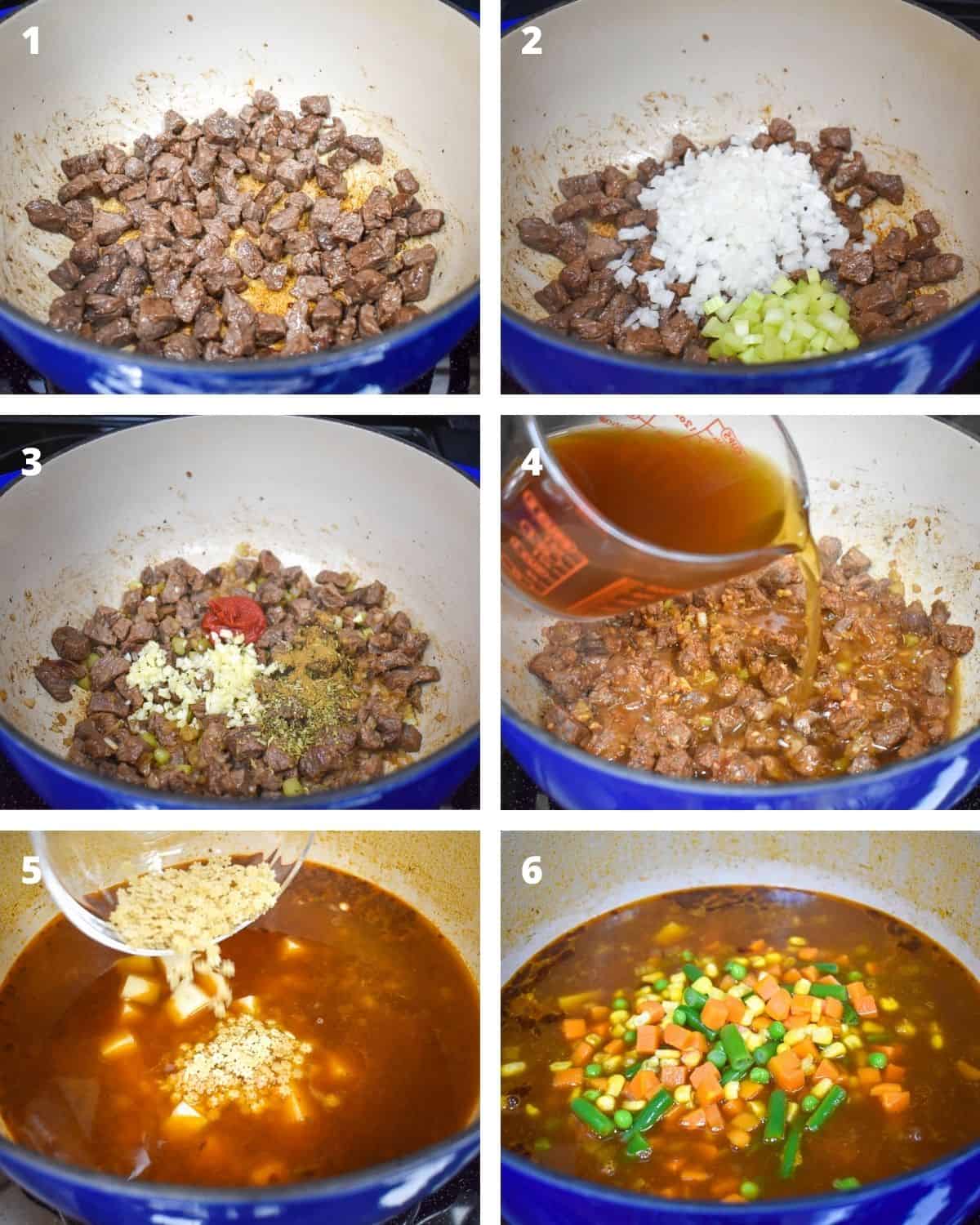 A collage of six pictures illustrating the steps to making vegetable beef soup.