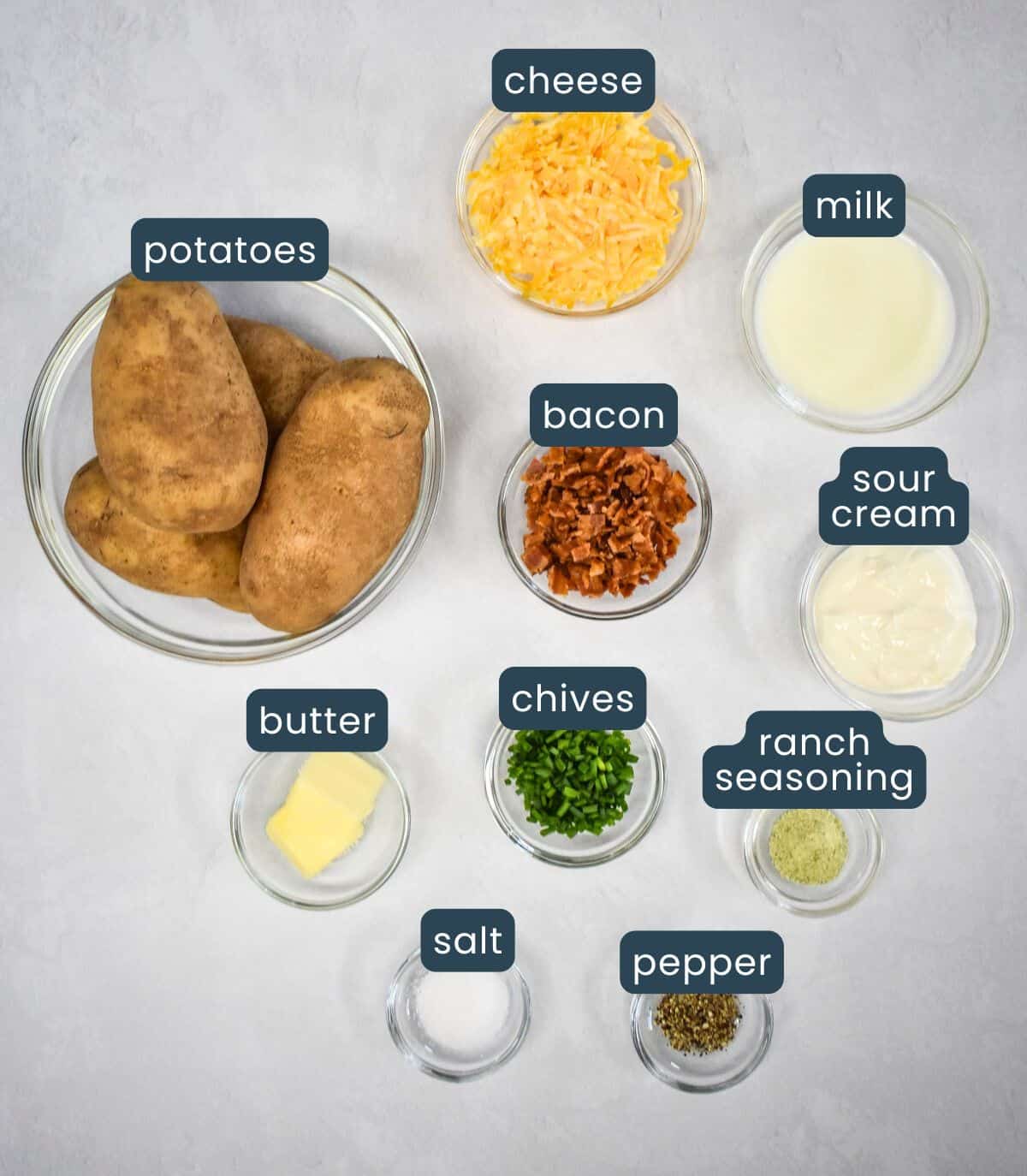 A top-down picture of the ingredients for recipe, neatly arranged in small glass bowls on a light surface. The ingredients are labeled and prepped.