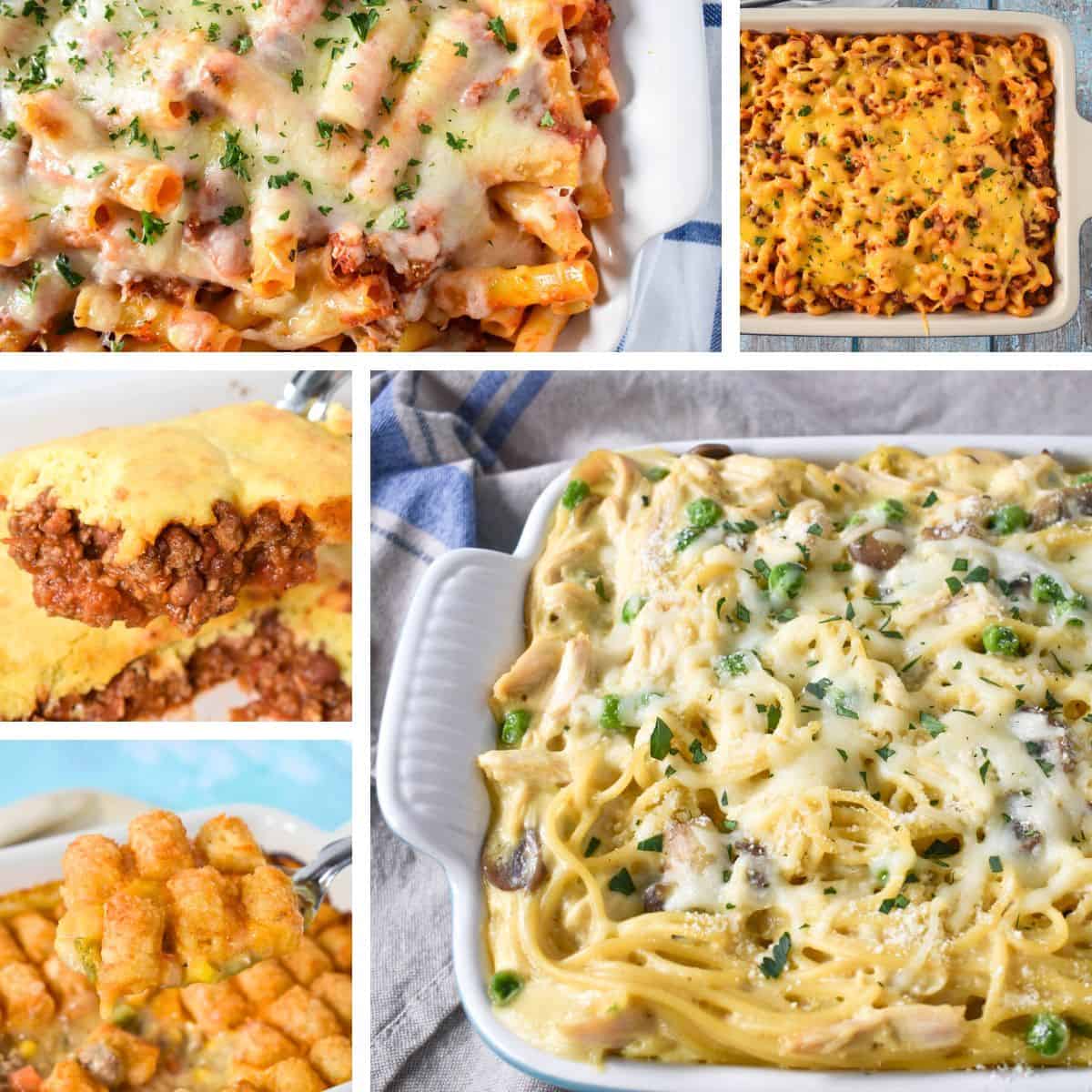 A collage of 5 pictures of casseroles featured in the post.