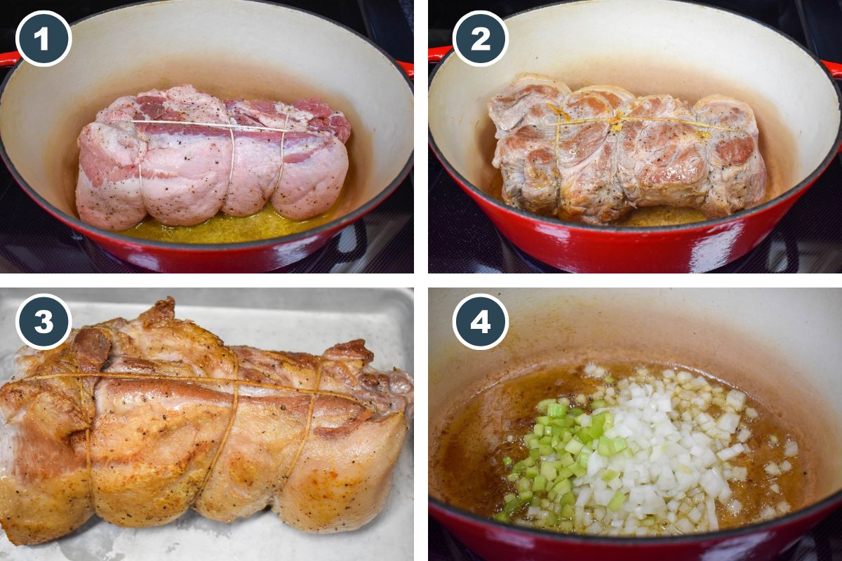 A collage of four pictures showing steps one through four of making the pot roast.