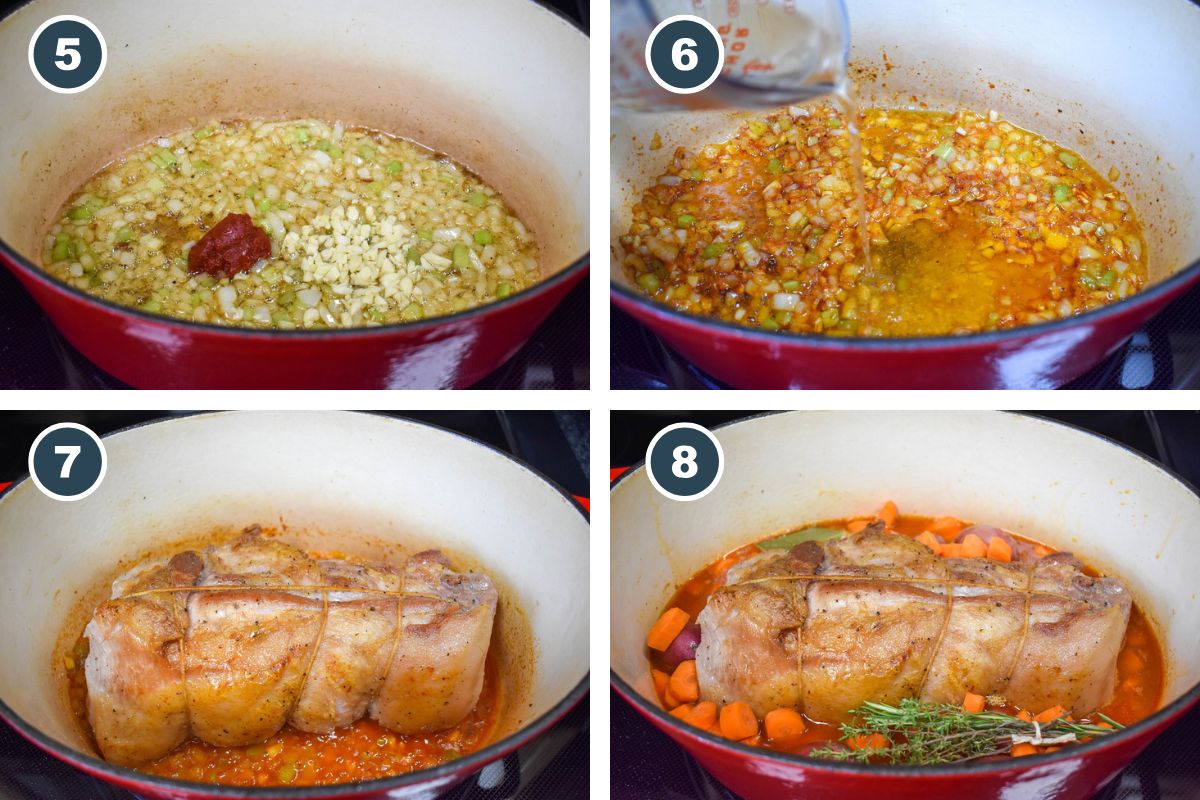 A collage of four pictures showing steps five through eight of making the pot roast.