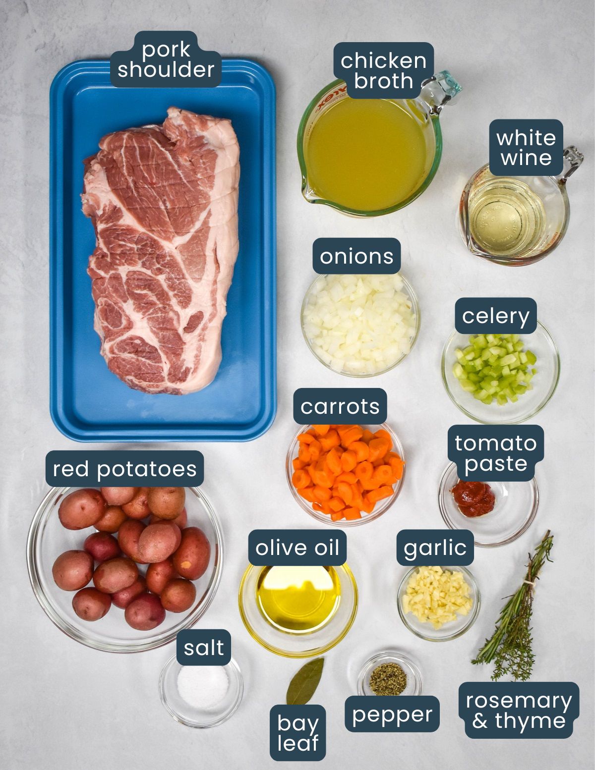 The ingredients for the roast arranged on a white table and labeled.