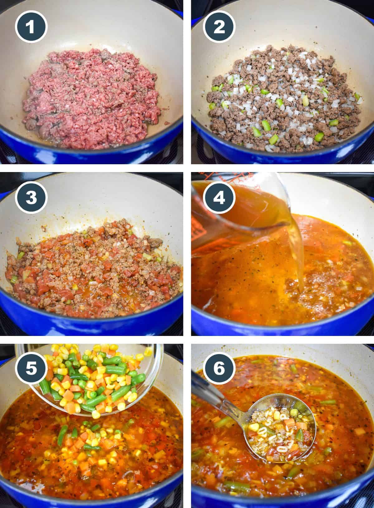 A collage of six images showing the progress of making the alphabet soup.