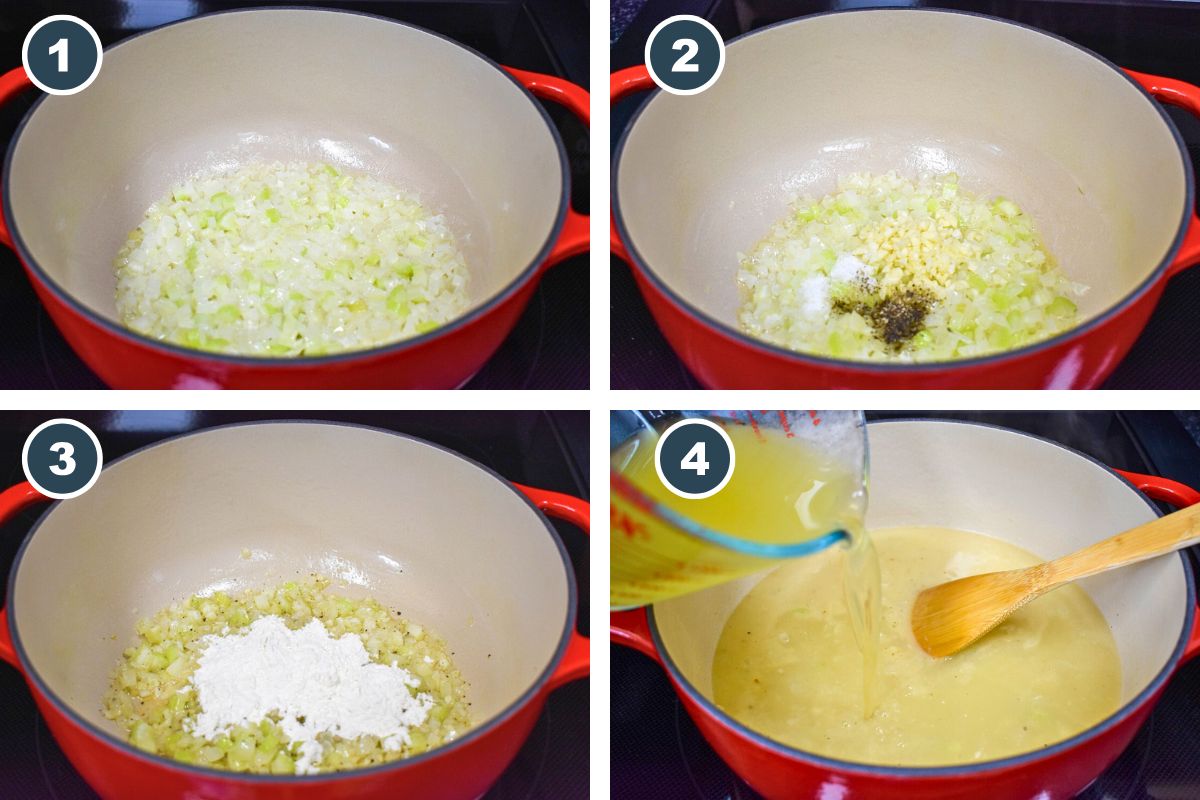 A collage of four pictures showing steps one through four of making the chowder.